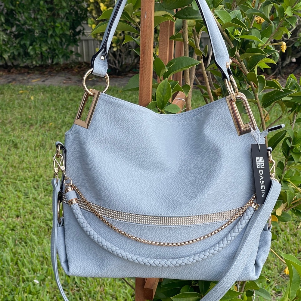 Stylish Light Blue Handbag with Gold Accents - Picture 9 of 15